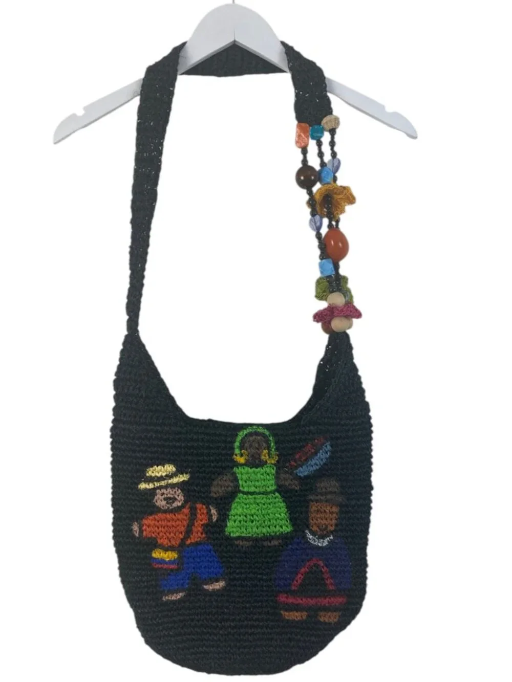 Monica Henao Hand Painted Raffia Folk Art Shoulder Bag Stone Bead Colombia